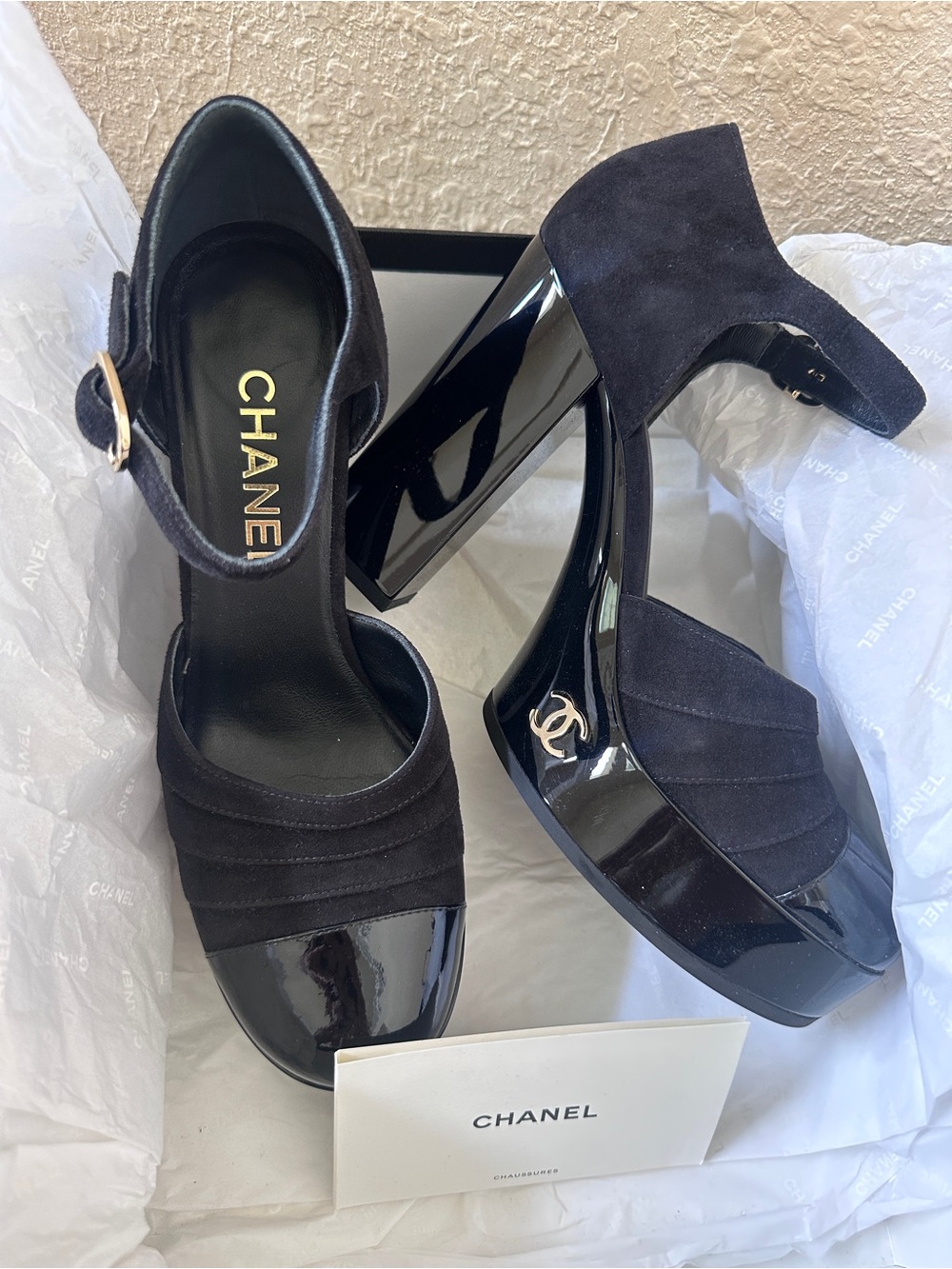 CHANEL Black Suede and Patent Leather Platform Pumps with Gold CC
